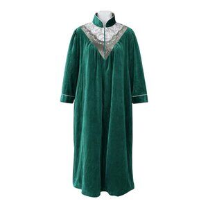 Vintage Women's Robe House Dress Emerald Green Velour Lace Full Length Medium